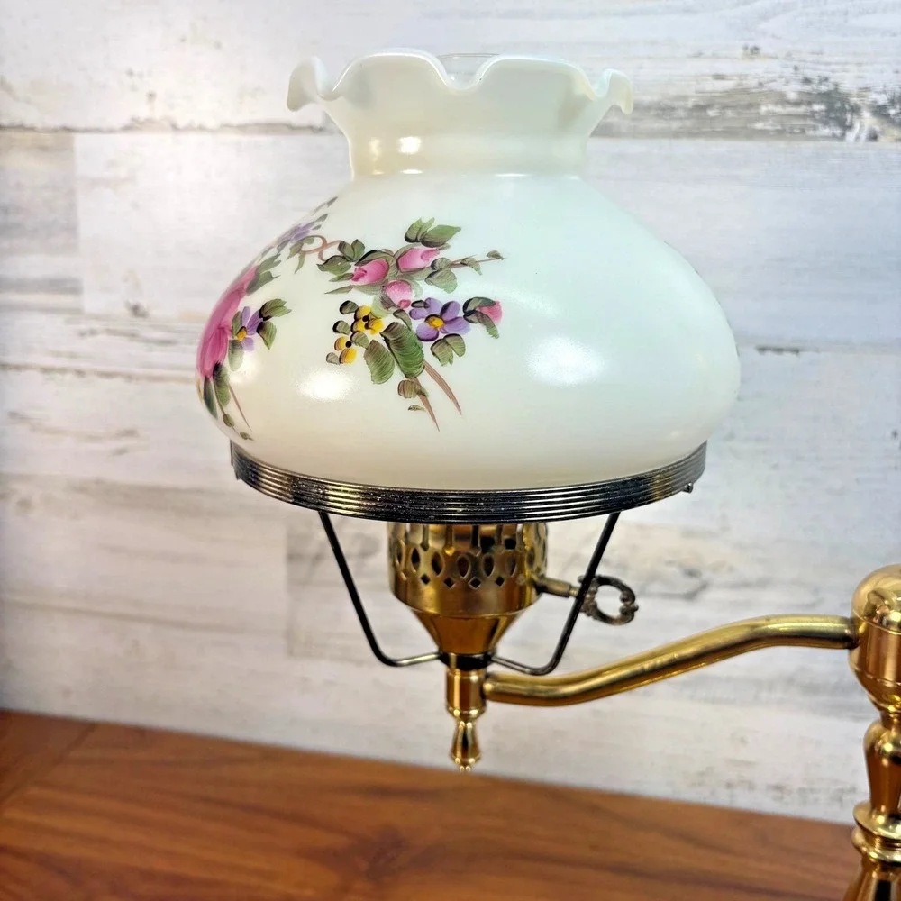 Antique Brass Student Oil Lamp Modified Wired Working with Floral Single Arm